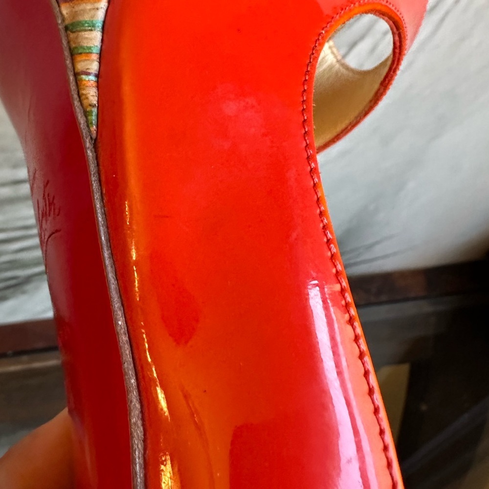 🌺CHRISTIAN LOUBOUTIN 👠 Banane 140 Patent Cork Trinidad Pumps size 35.5 - Picture 8 of 17